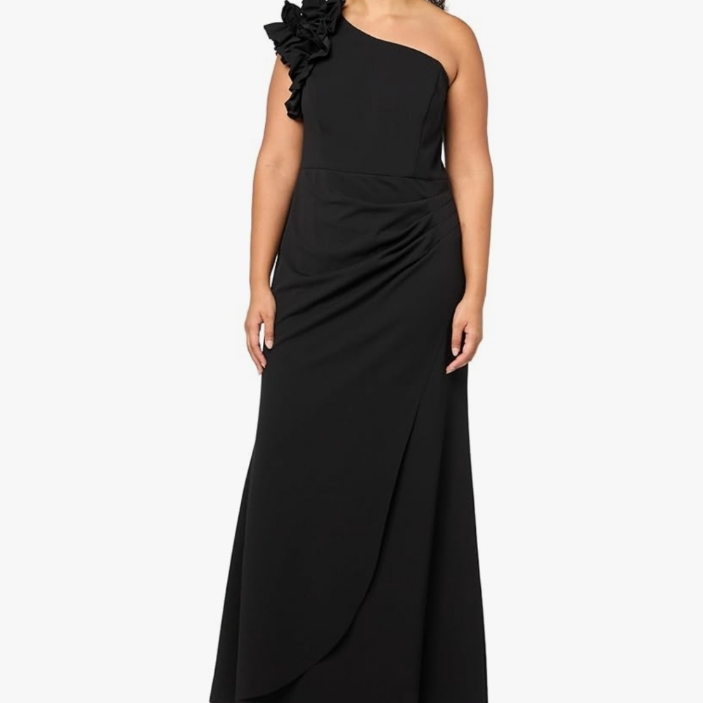 Xscape Black One Shoulder Ruffle Scuba Crepe Maxi Dress Size 18W Small Defect